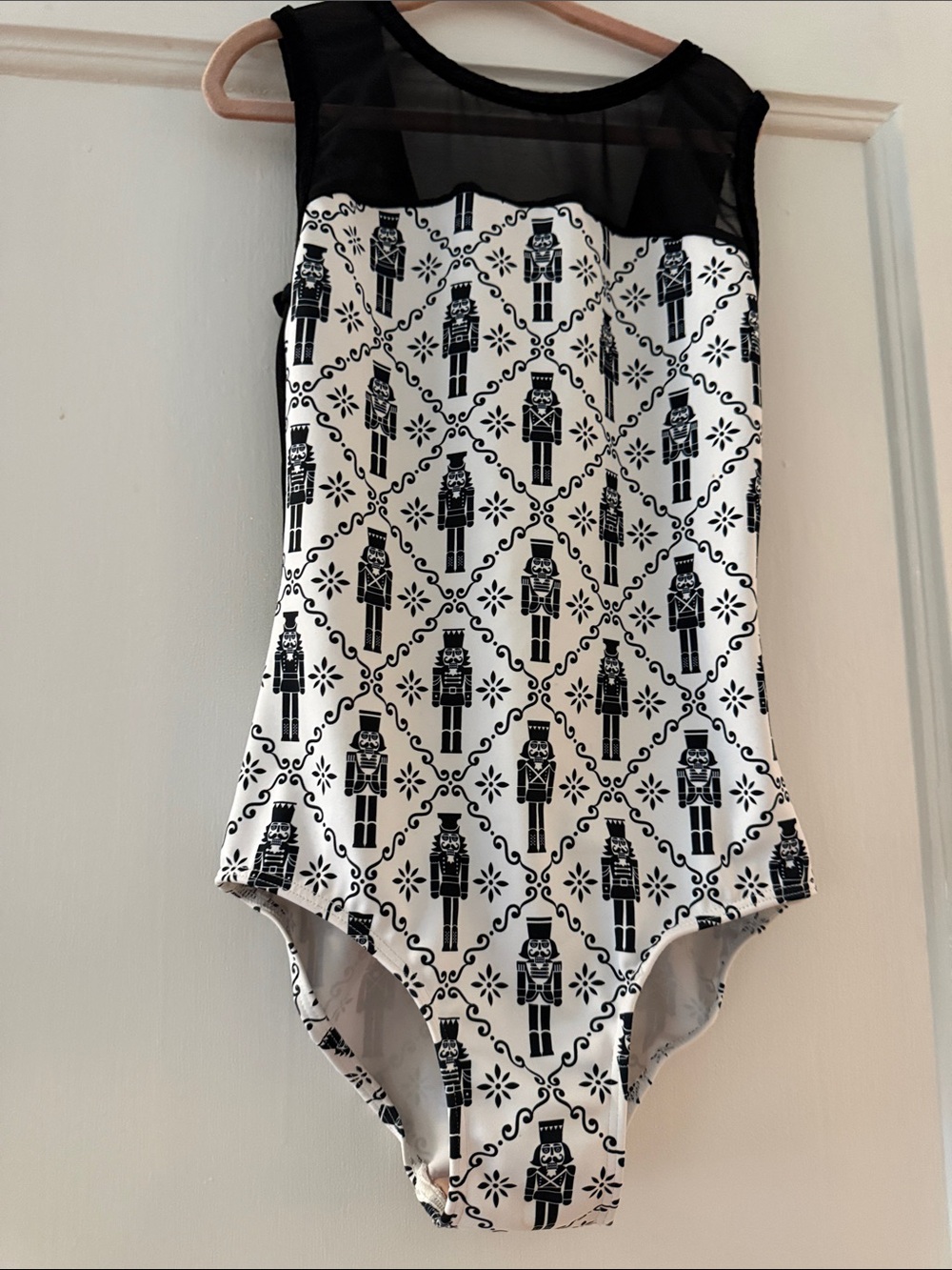 Eleve Dancewear Black and White Nutcracker Print Leotard with Sheer Yoke